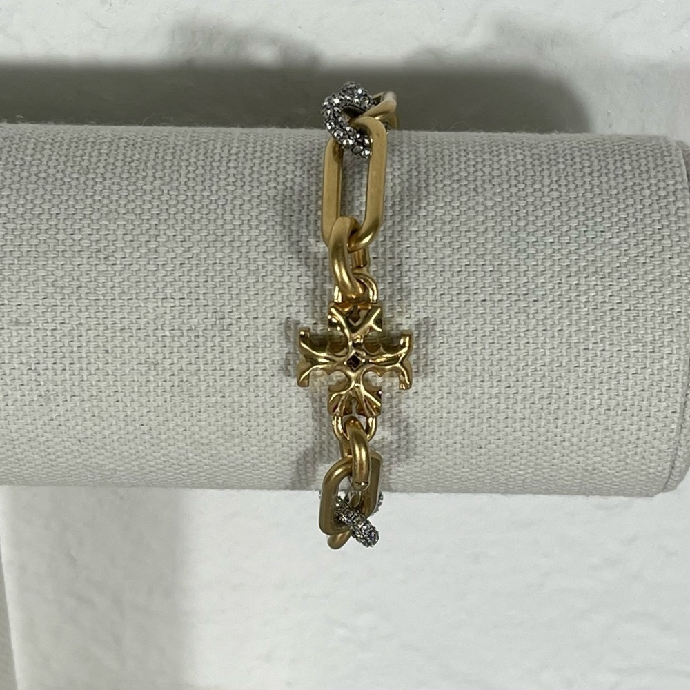 TORY BURCH ROXANNE CHAIN PAVÉ WOMEN'S BRACELET - ANTIQUE GOLD / BLACK CRYSTAL - Picture 6 of 7